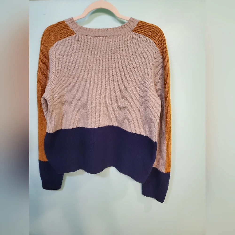 Pinque Women Knit CREWNECK PULLOEVER Sweater color Block Cardigan Large